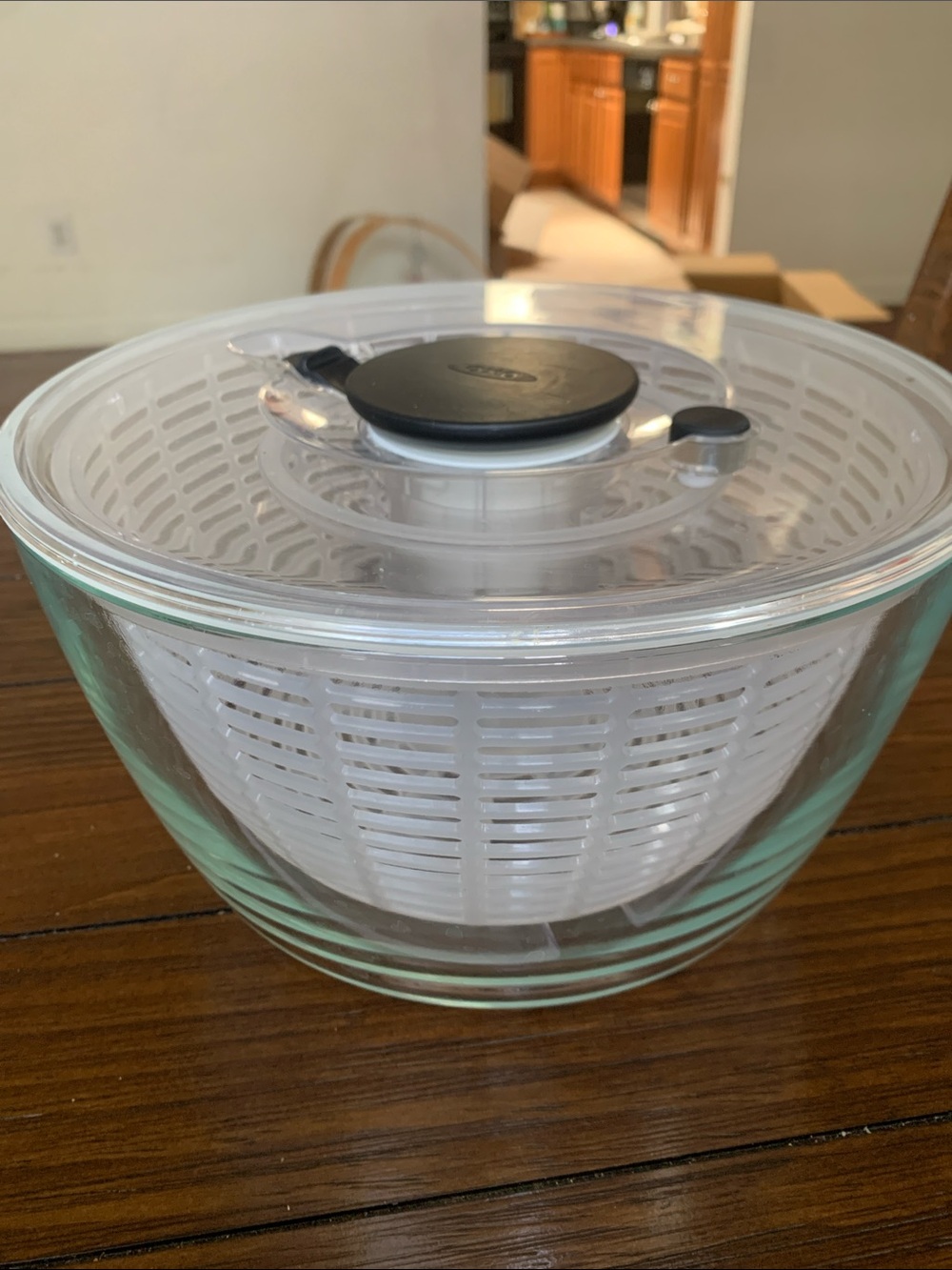 Oxo White and Clear Glass Salad Spinner with Black Pull